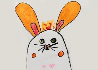 Child's drawing of a cute rabbit with orange ears and green eyes.
