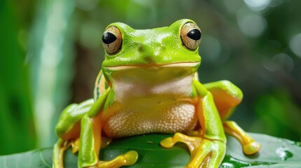 Green white-lipped tree frog in its natural environment, providing a close-up of its vibrant colors and features