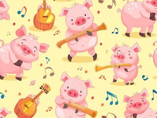Obraz premium Cute and playful pink cartoon pigs with musical instruments in a seamless pattern, set against a pastel yellow background