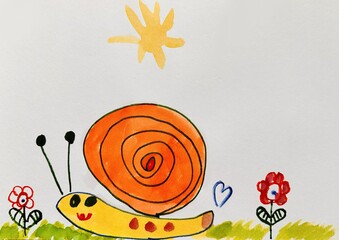 Child's drawing of a snail with an orange shell, surrounded by flowers and a sun in the sky. 