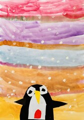 Child's drawing of a penguin in a colorful winter scene with a sunset sky. 