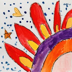 Child's drawing of an abstract sun with red and yellow rays, surrounded by hearts and stars. 