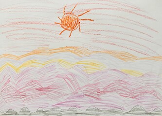 Child's drawing of a vibrant sunset over colorful hills with shades of pink, yellow, and orange. 