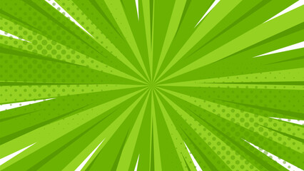 Fototapeta premium Green pop art comic sunburst effect background with halftone. Cartoon abstract vector background. Suitable for templates, sales banners, events, ads, web, and pages