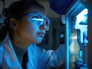 Close-up of a female biomedical engineer with a prototype medical device, advanced lab setting with high-tech instruments
