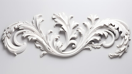 3D illustration of white decorative relief beautiful detailed ornament with acanthus leaves decoration in baroque style isolated on white background