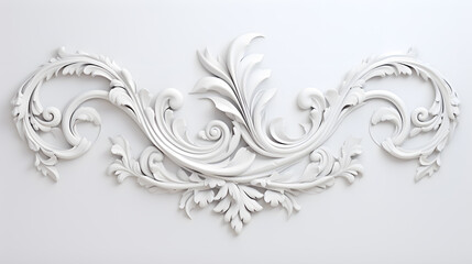 3D illustration of white decorative relief beautiful detailed ornament with acanthus leaves decoration in baroque style isolated on white background