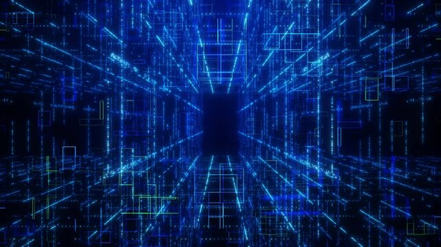 Abstract digital background with glowing blue fractal patterns and code.
