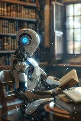 Fototapeta premium Humanoid AI robot reading against a fuzzy background in a library