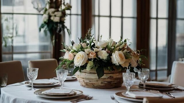 Rustic Wooden Bowl Filled with Cream and White Flowers as a Table Centerpiece