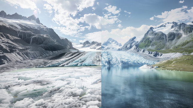 Before and After Glacier Melt Comparison. A striking before and after comparison of a glacier, illustrating significant melt and reduction over time due to climate change.