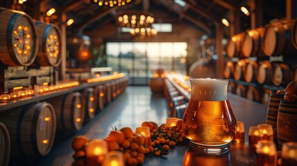 Obraz premium Cozy brewery with beer glass and wooden barrels