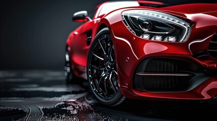 Luxury expensive red car parked on black background. Sport and modern luxury design car. Automotive advertising banner.