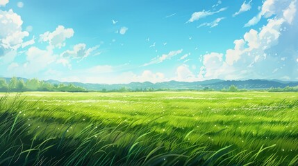 Fototapeta premium Lush green fields with a clear blue sky, offering a serene and idyllic landscape for wallpaper