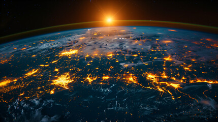 La planète Terre, vue en 3D depuis l'espace, révèle un globe bleu et lumineux avec des océans étincelants, l'Europe en détail, sous le lever du soleil et le ciel cosmique parsemé d'étoiles.