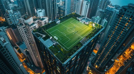 Fototapeta premium Football field on the rooftop of a building in city