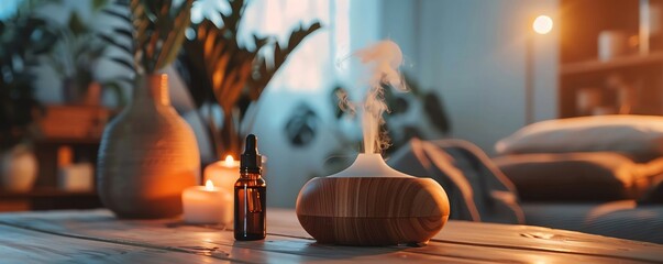 Aromatherapy massage scene, therapist using scented oils, diffuser in the background, warm and relaxing mood