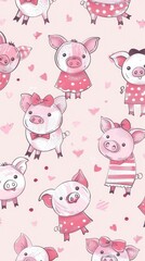 Adorable pink pig design with seamless pattern, featuring pigs in different outfits like bow ties and dresses, on a light pink background