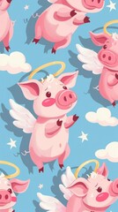 Naklejka premium Adorable pink cartoon pigs with wings and halos in a seamless pattern, creating a magical and cute design on a pastel blue background