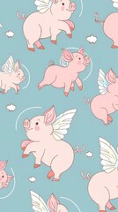 Obraz premium Adorable pink cartoon pigs with wings and halos in a seamless pattern, creating a magical and cute design on a pastel blue background