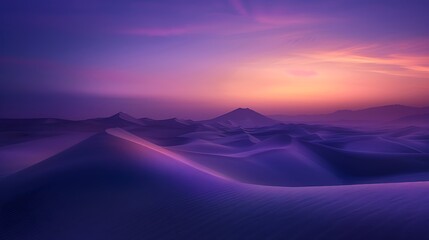 Twilight in the Dunes An enchanting tableau of desert dunes at twilight where the fading light of day paints the sky in hues of orange and purple casting an ethereal glow over the sandy expanse.