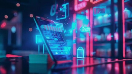 Smartphone with Neon Shop Icons in a Futuristic Setting. A smartphone with a store front on the screen displays various neon icons against a futuristic backdrop. Seamless looping video animation Ai