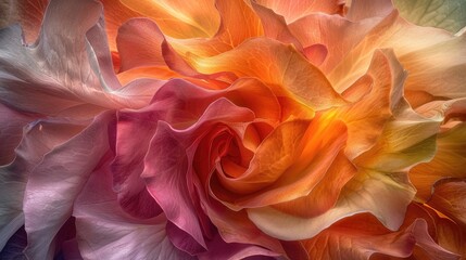 Obraz premium A close-up view of vibrant, swirling rose petals in shades of pink, orange, and cream.