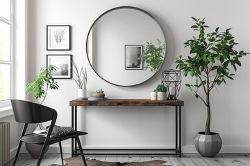 Entryway console table with metal legs, large circular mirror above, framed pictures on wall, black chair, cozy atmosphere in white room. High-quality product photo of home decor.