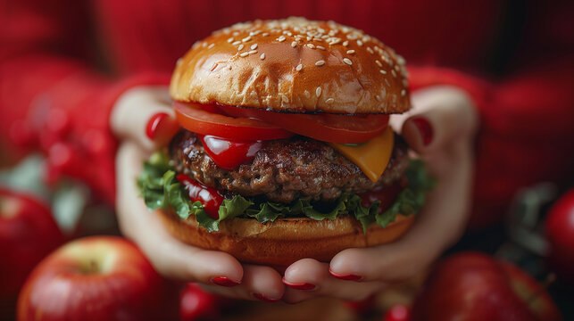 Un cheeseburger savoureux, avec viande de boeuf grill&eacute;e, fromage fondant, laitue fra&icirc;che, tomates et oignons dans un pain au s&eacute;same, est le choix parfait pour un repas rapide.