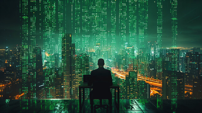 Dans un décor futuriste, une matrice numérique de données et de binaire, avec des motifs de maillage et de sécurité, illustre la cybersécurité et les concepts technologiques.