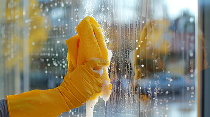 window cleaning services, person wearing rubber gloves wiping the window with a yellow cloth and detergent spray