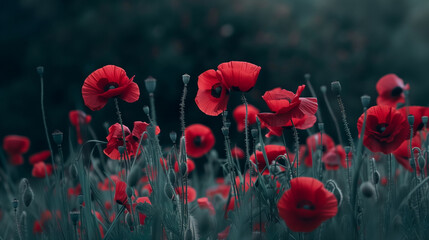 Obraz premium wild field blooms with vibrant red poppies at sunset