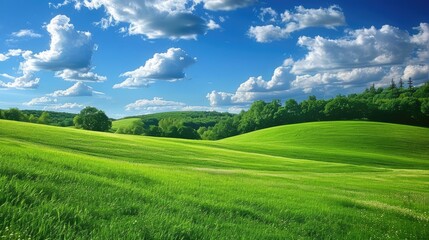 Obraz premium Rolling green fields with a bright blue sky, providing a peaceful and beautiful backdrop for wallpaper