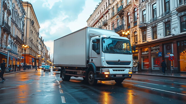 Un camion de livraison, charg&eacute; de cargaison, circule sur la route pour la distribution dans le secteur de la logistique.