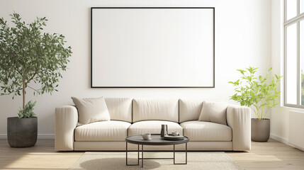 modern living room interiors featuring cozy beige sofas, minimalist decor, and large, framed blank canvases on the walls. The spaces are bright and inviting, with natural light and greenery adding a t