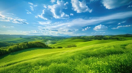 Fototapeta premium Scenic green fields and blue sky, capturing the tranquility of nature in a perfect wallpaper image