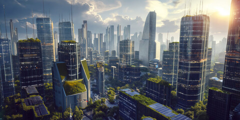 Obraz premium A futuristic cityscape with skyscrapers covered in integrated solar panels.