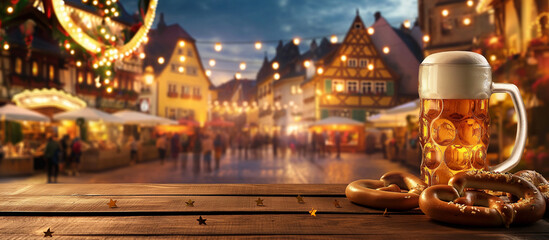 Obraz premium Oktoberfest German Celebration Product Display: Beer, Weißwurst & Pretzel Tabletop