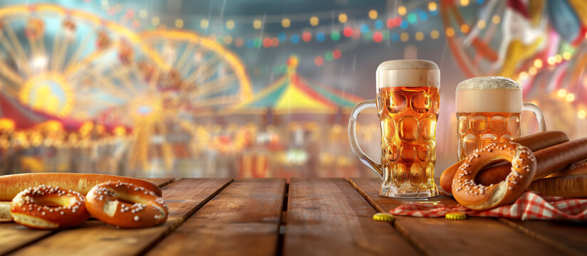 Oktoberfest German Celebration Product Display: Beer, Wei&szlig;wurst & Pretzel Tabletop - funfare canival background
