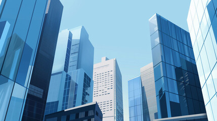 Obraz premium illustrations showcasing futuristic skyscrapers with sleek, modern designs. The buildings feature reflective glass facades and are set against clear blue skies, creating a vision of advanced urban arc
