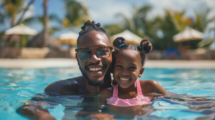 Happy black father and daughter swimming pool on summer vacation sunglasses relaxing at a hotel by the sea