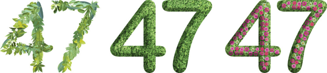 47, design made from green grass, leaves and flower, .suitable for birthday, anniversary and memorial day templates, go green concept	
