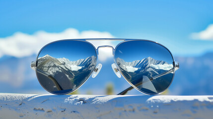 silver chrome aviator sunglasses with mirrored lenses reflecting snow-capped mountains in close-up against a blue sky