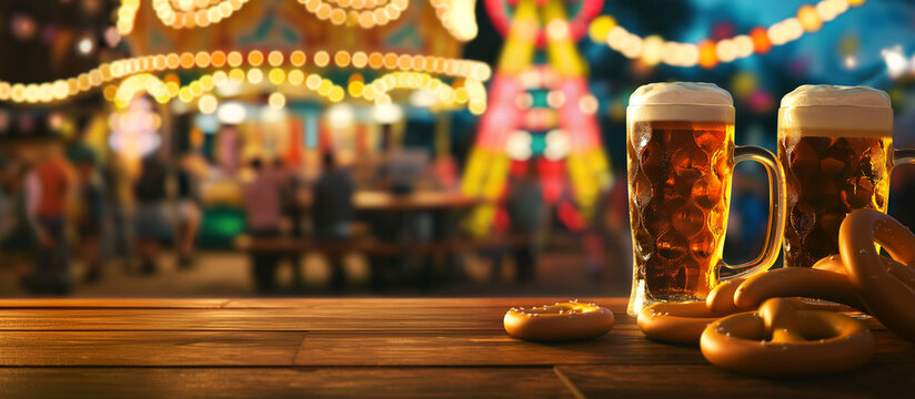 Oktoberfest German Celebration Product Display: Beer, Wei&szlig;wurst & Pretzel Tabletop - funfare canival background
