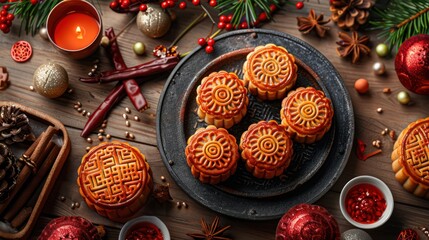 Fototapeta premium Mooncakes A table of mooncakes is surrounded by festive objects
