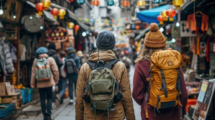 Obraz premium Two friends from Generation X exploring a vibrant street market abroad