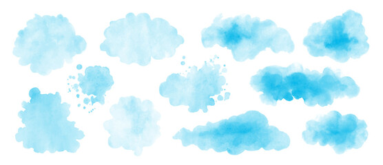 Blue watercolor background. Set of watercolor stains , blots, clouds , washes for design.
