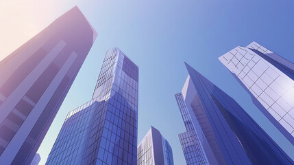 Obraz premium illustrations showcasing futuristic skyscrapers with sleek, modern designs. The buildings feature reflective glass facades and are set against clear blue skies, creating a vision of advanced urban arc