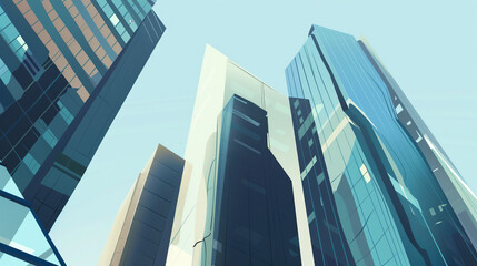 illustrations showcasing futuristic skyscrapers with sleek, modern designs. The buildings feature reflective glass facades and are set against clear blue skies, creating a vision of advanced urban arc