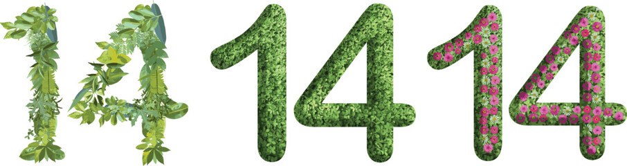 14, design made from green grass, leaves and flower, .suitable for birthday, anniversary and memorial day templates, go green concept	
